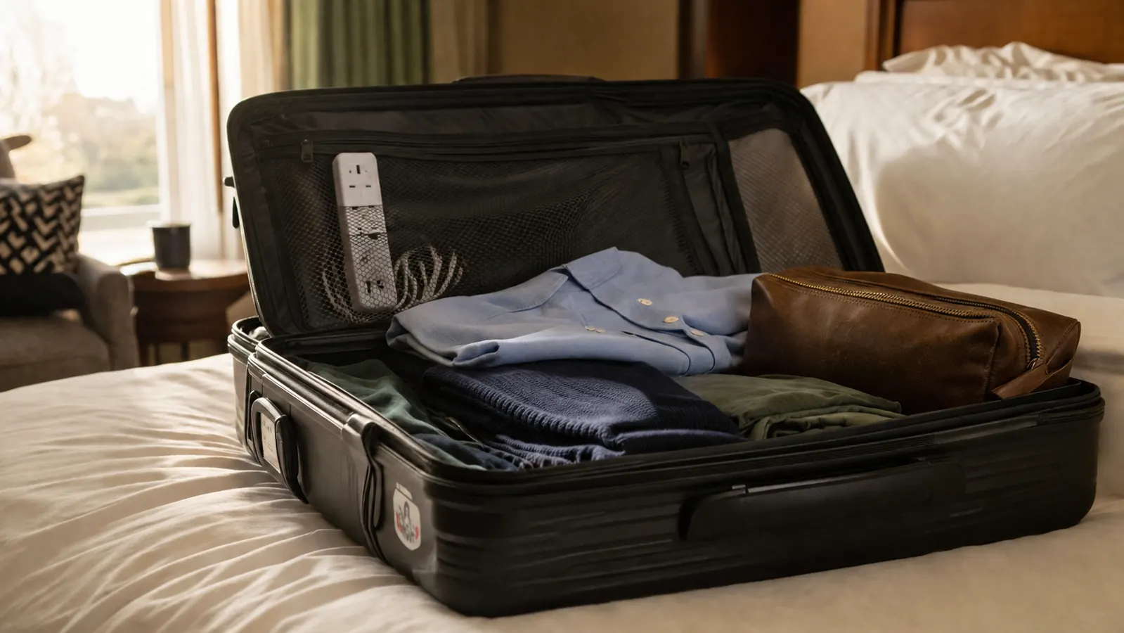 An open suitcase on a hotel bed with a power strip tucked in a side pocket next to folded clothes
