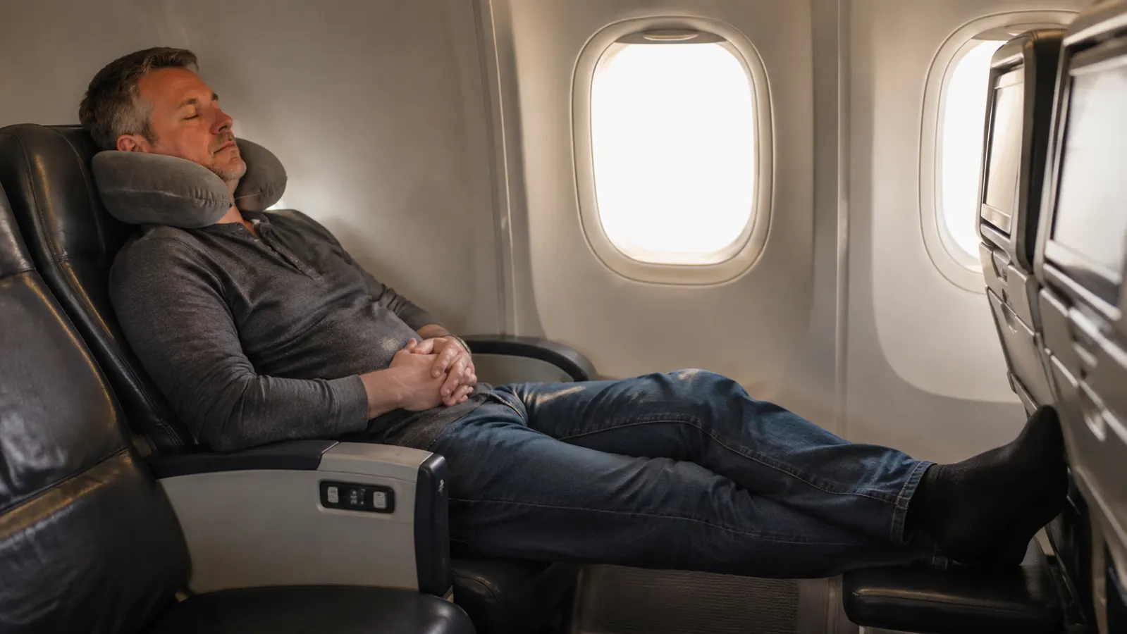 Traveler resting with eyes closed and feet elevated on a footrest during a long flight