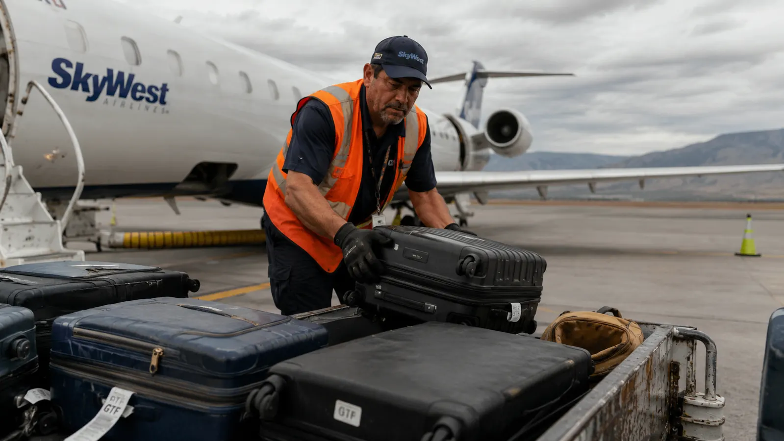 Carry-on suitcase being loaded onto a baggage cart on the tarmac near a regional jet
