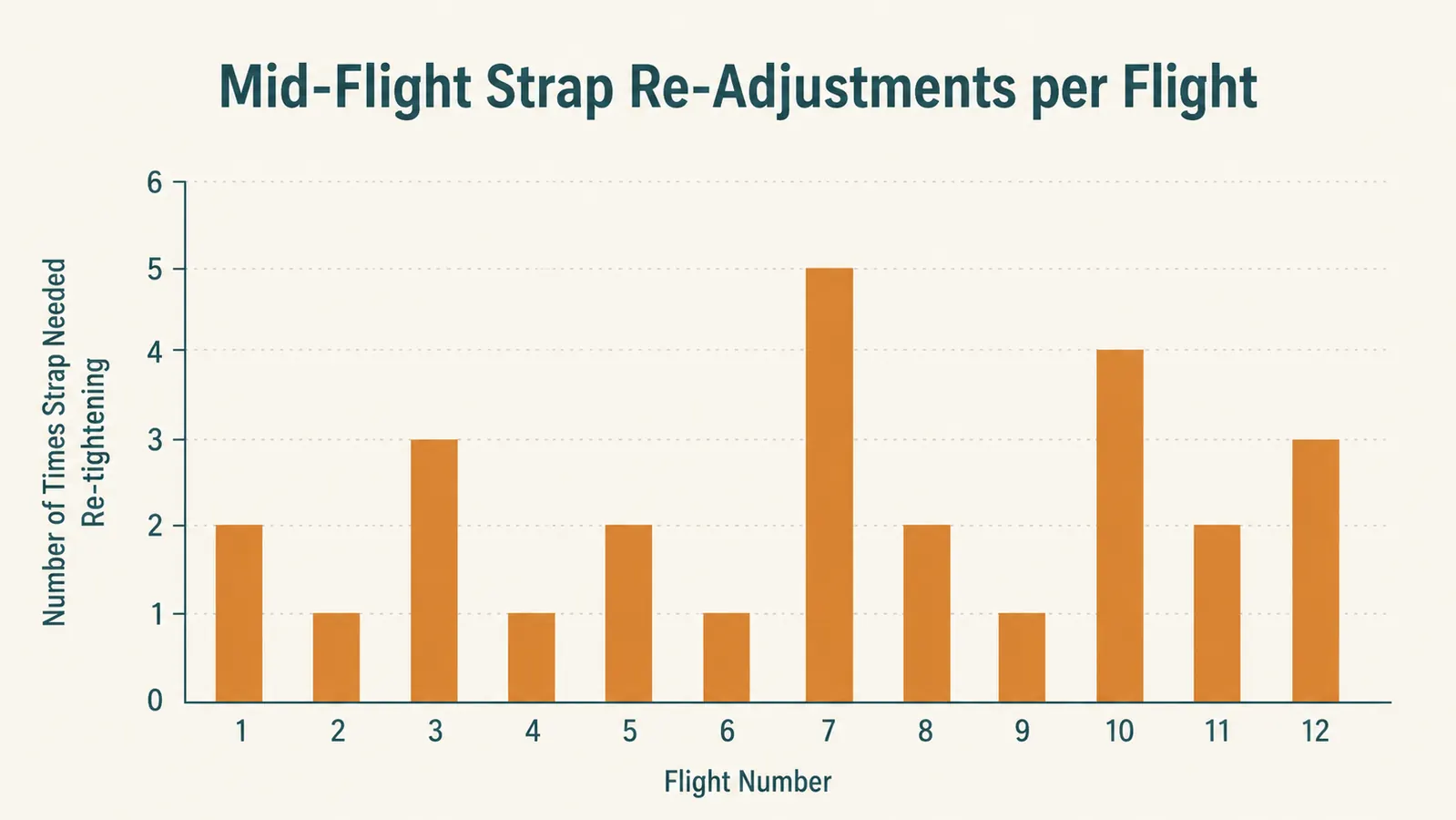 Chart showing how often the footrest needed mid-flight strap re-adjustment across a set of flights