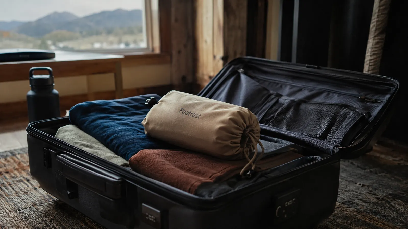 Footrest folded flat and rolled into its small drawstring pouch next to a packed carry-on bag