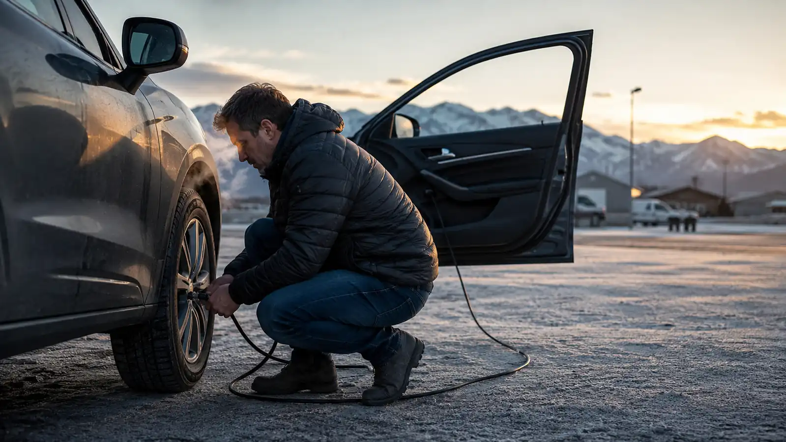 Man kneeling beside a car tire in a cold parking lot at dawn with the inflator's cord running to the dashboard outlet