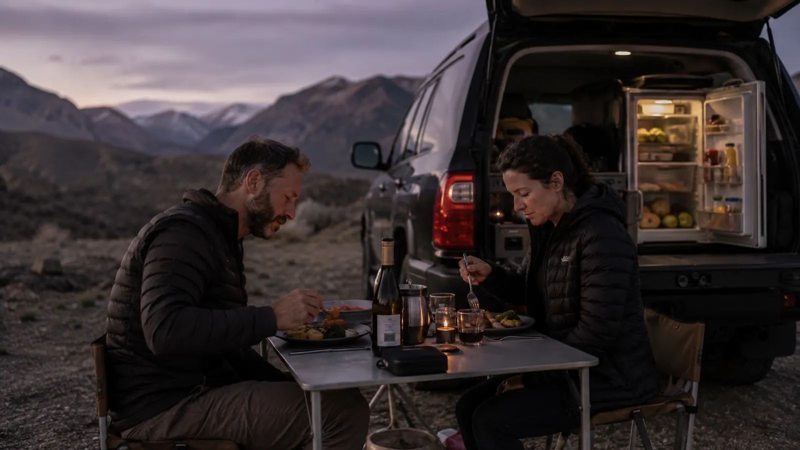Couple eating dinner at a folding table next to their SUV with the fridge visible in the open cargo area at dusk