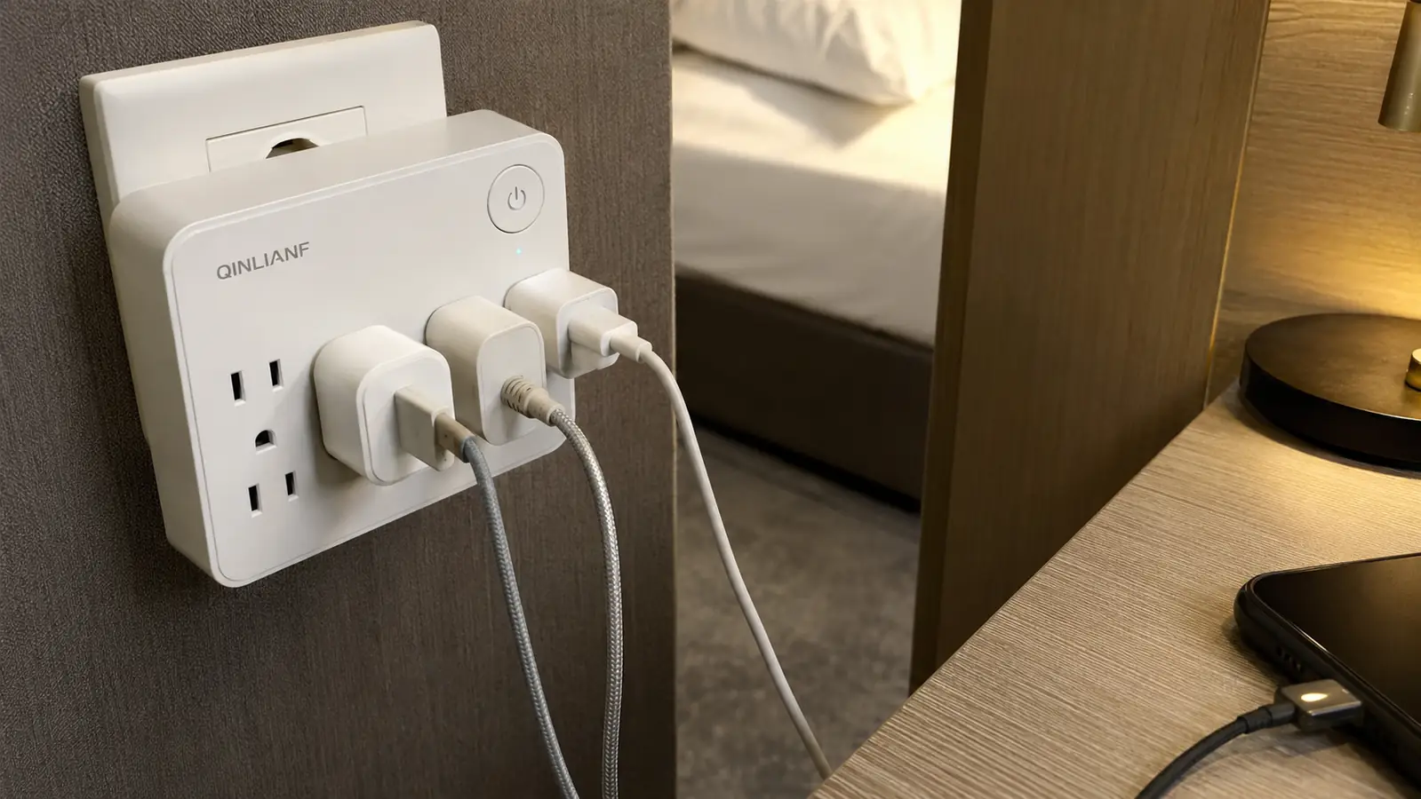 A compact power strip plugged into a single hotel wall outlet with a phone, a laptop charger, and a camera battery charger all connected to it at once