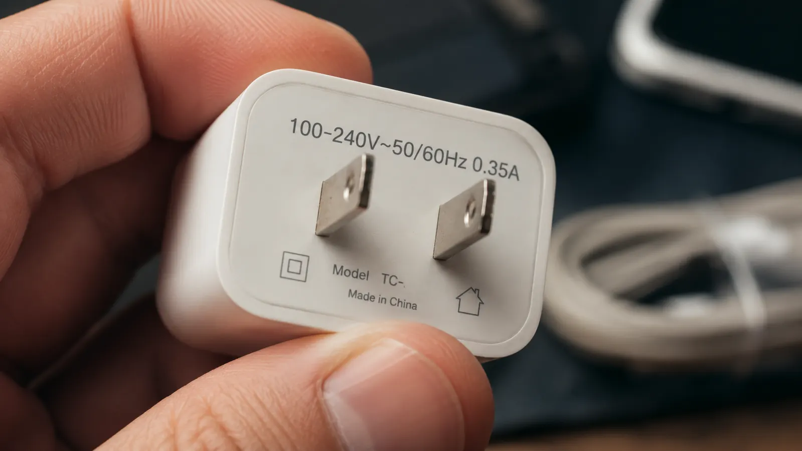 Close-up of a laptop charger's data plate printed with Input 100-240V 50-60Hz