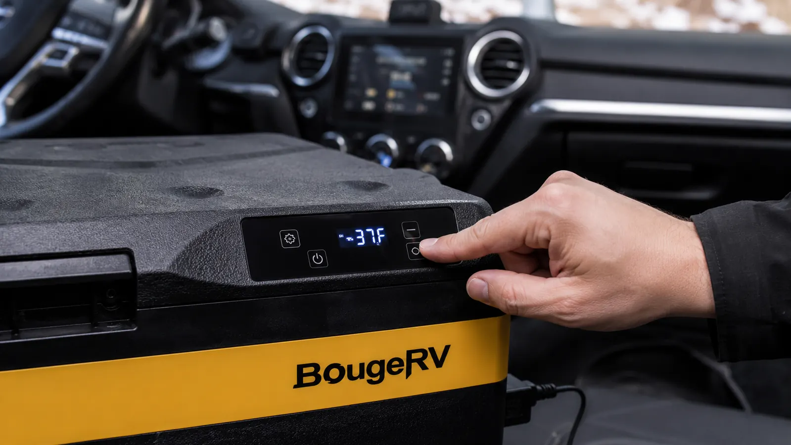 Close-up of a portable fridge's digital thermostat display reading 37 degrees Fahrenheit, mounted in a vehicle dashboard console