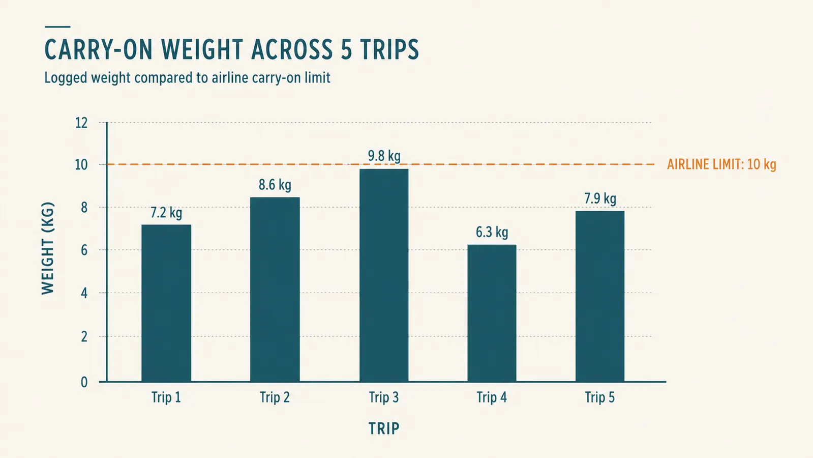 Chart comparing packed carry-on weight against airline weight limits over five trips