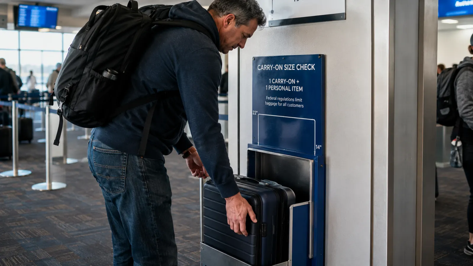 A traveler testing whether a packed carry-on fits inside an airport sizing frame