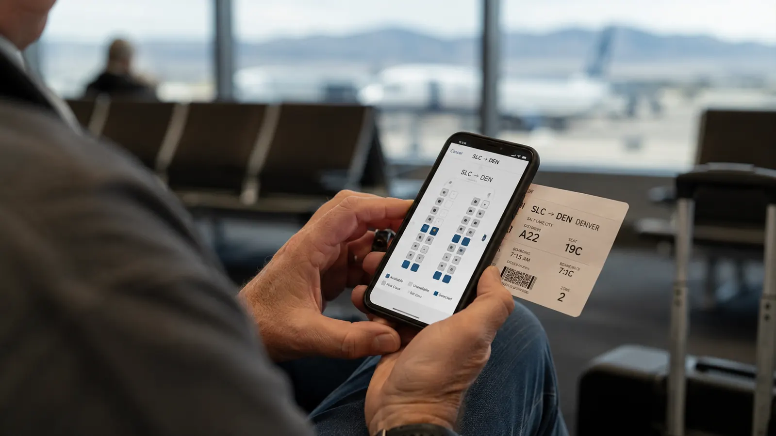 A traveler checking a seat map on a phone before boarding