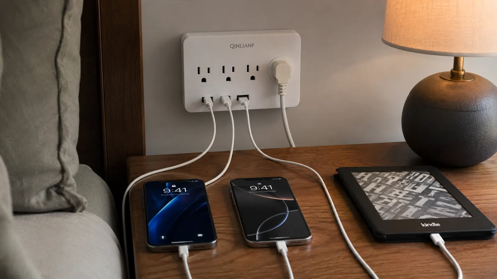 A compact three-sided travel power strip plugged into a single wall outlet with two phones and a Kindle charging from it