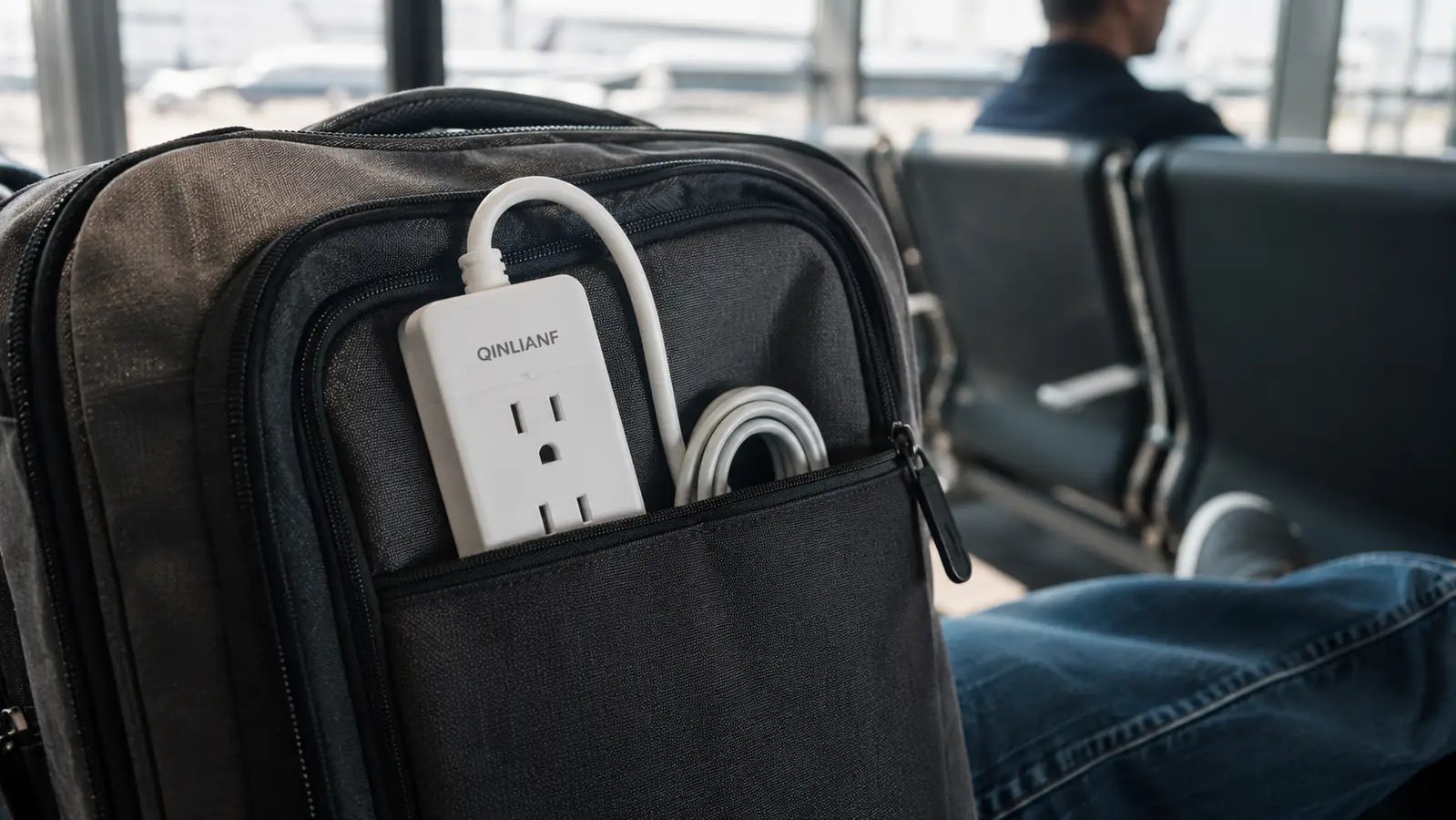 A travel power strip tucked into the front pocket of a carry-on bag alongside a charging cable