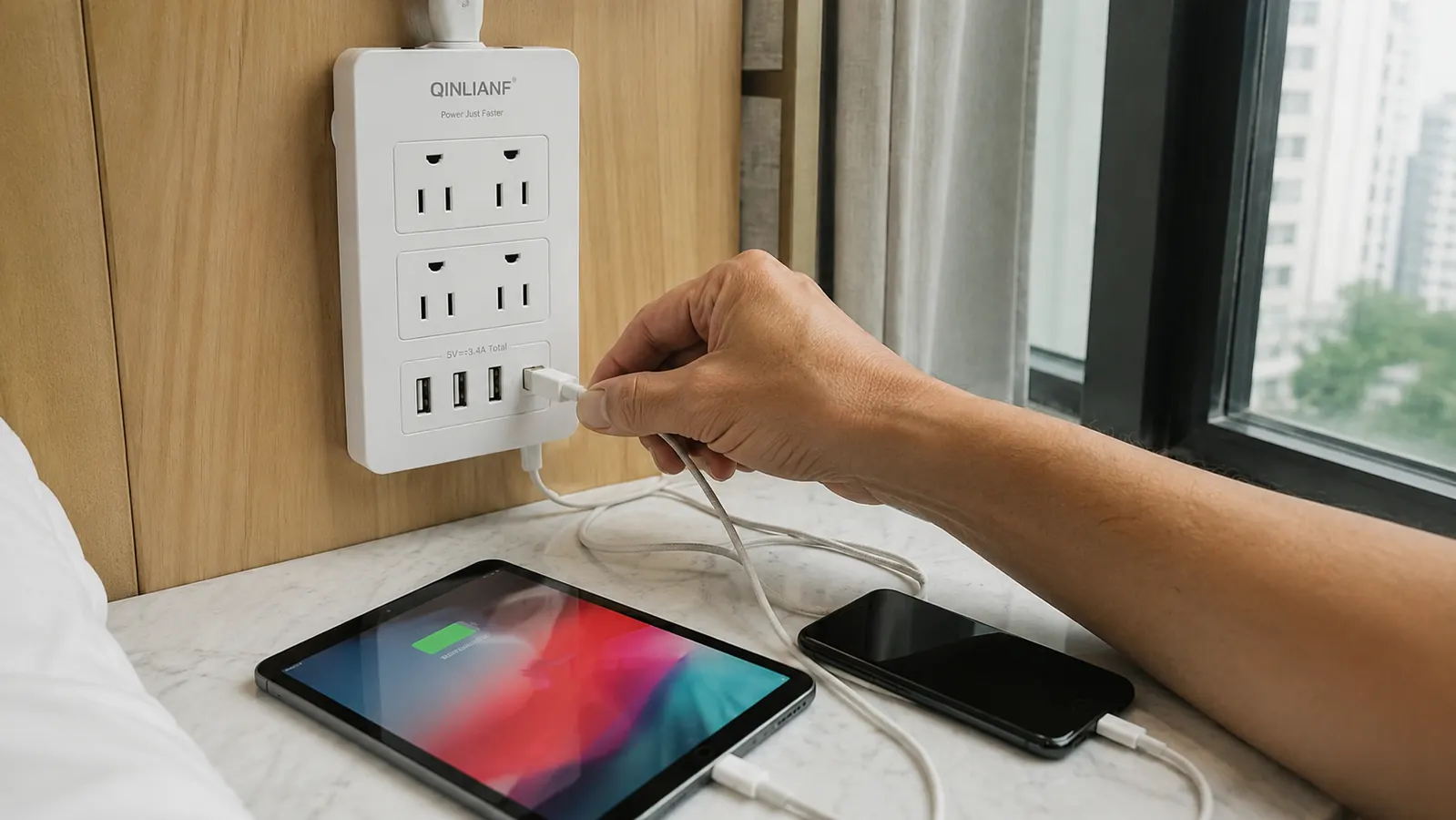 Hand plugging a phone charging cable into one of the strip's four USB ports while two other devices are already connected