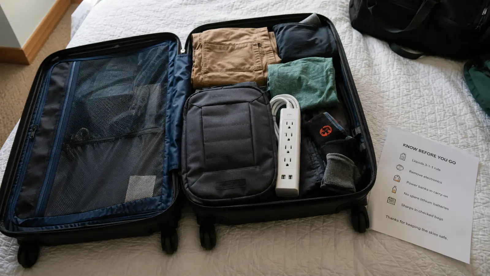 Open carry-on suitcase on a bed with the power strip visible among packed travel items, a folded cruise packing-policy printout beside it